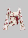 Elegant Women's Floral Print Blouse with Square Neckline and Red Ribbon Tie - Long Sleeve, Asymmetrical Hem, Polyester, Machine Washable