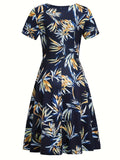 [Tropical Leaf Print V-Neck Dress] Navy Blue Tropical Leaf Print V-Neck Short Sleeve Midi Dress - Fitted Bodice, Flared Skirt, Polyester Blend, with Belt and Pockets, Perfect for Spring/Summer Casual or Tea Church Outfits