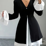 Elegant V-Neck Color Block 1pc Dress - Polyester A-Line Pendulum with Flounce Sleeves for Women, Spring/Fall