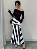 Elegant Women's Off-Shoulder Striped Maxi Dress - Chic Black & White Design with Ruffled Hem, Long Sleeves, Machine Washable, Polyester Blend