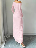 Elegant Asymmetrical Neck 1pc Long Sleeve Dress - Fitted Polyester Knit Fabric, Side Slit, All Seasons for Adults
