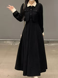 Women'S Long Sleeve Viscose Dress with Button Detail, Solid Color, Tailored Fit, Flared Skirt, Spring/Fall Collection - Elegant Black with White Collar