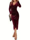 Elegant Black Velvet Midi Dress for Women - Vintage-Inspired V-Neck with Ruched Detail, Long Sleeves, and Asymmetrical Hem - Machine Washable, Polyester & Elastane Blend