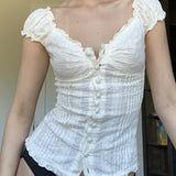 [Short Sleeve Fairy Puff Shirts] Women Fairy Grunge Y2K Shirts Puff Short Sleeve V-Neck Blouses Summer Button-Down Tops E-Girls Aesthetic Clothes