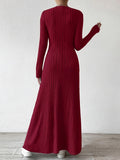 Elegant Solid Color V-Neck Knit Long Sleeve A-Line Dress - Ribbed Texture, Machine Washable, Polyester - Chic Middle Eastern Style for Fall, Elegant Long Sleeve Knit Dress