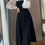 [Chic Long Sleeve A-Line Dress] Elegant Black Organza A-Line Dress for Women - Chic Long Sleeve with French-Inspired Square Neckline, Vintage Mesh Detail, Perfect for Spring & Autumn Events