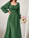 Elegant Textured Midi Dress - Cross Tie Lantern Sleeve Solid Color Romantic Dress for Women