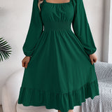 Stunning Ruffle Hem A-Line Dress - Women's Elegant Solid Color Square Neck Backless Shirred Clothing with Lantern Sleeves - Perfect for Formal Occasions and Parties