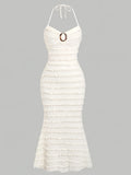 [1pc Elegant Ruffle Neck Dress] 1pc Elegant Polyester Halter Neck Dress with Ruffle Trim and Ring Detail, Summer Knit Fabric Bodycon Solid Color Evening Gown for Women