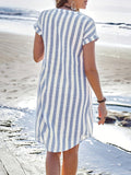 [Elegant | Striped] Elegant Striped V-Neck Midi Dress | Asymmetrical Hemline, Casual Short Sleeve, Button Front, Lightweight Polyester | Perfect for Summer Beach Outings, Beach Dress