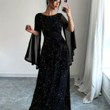 Elegant Glitter 1pc Polyester Maxi Dress for Women - Boat Neck Long Sleeve with Zipper and Side Slit - Fitted Knit Fabric Solid Color All-Season Party Gown
