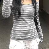 Japanese and Korean Special Targeted Elegant Basic Large Round Neck Slimming Long Sleeve Striped Top