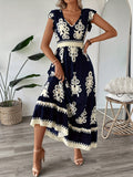 [100% Polyester V-Neck Midi Dress] Spring/Summer Floral Print V-Neck Dress with Flutter Sleeves and Waist Cinch, A-Line Midi, 100% Polyester - Machine Washable, Fly Fly Sleeves, A-Line voguable