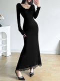 Black Slim Lace Spliced Knit Long Dress