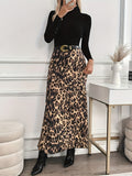 Elegant Leopard Print Midi Skirt for Women - High Waist, Non-Stretch Polyester Blend, Machine Washable, 99091922