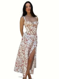 [Trendy Ruched Tie Front Cami Dress] Milkmaid Dress, Ditsy Floral Dress, Corseted Dress, Midriff Waist Shaper, Trendy Women's Ruched Tie Front Split Thigh Cami Dress Sleeveless Womenswear Comfortable