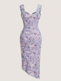 Elegant Square Neck Bodycon Floral Print Dress - Split Hem, Women's Clothing for Spring & Summer