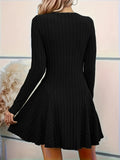Elegant Black V-Neck Knit Dress - Chic Long Sleeve A-Line Mini with Ruffle Detail, Polyester & Elastane Blend, Machine Washable - Perfect for Fall
