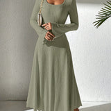 Autumn/Winter Fashion Women's A-Line Ribbed Knit Dress, V-Neck, Ruffled Hem, Solid Color, Polyester, Adult Size, 99080719