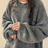 Cozy Womens Crew Neck Pullover Sweater - Relaxed Fit, Dramatic Drop Shoulder & Trendy Split - Soft Knit, Everyday Casual Style - Solid Color Wardrobe Staple