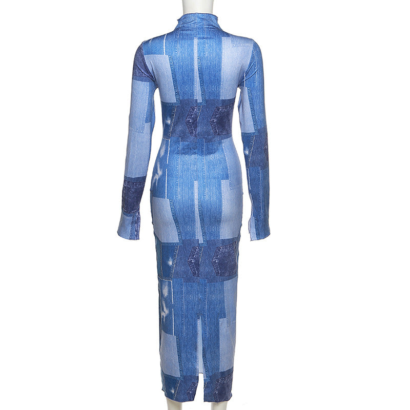 Ruffle Sexy Y2K Clothes Tie Dye Print Long Sleeve O-Neck Side Slit Bodycon Maxi Dresses For Women Club Streetwear Outfit