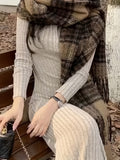 [Long Sleeve Fall Dress] Ribbed V Neck Dress, Casual Long Sleeve Dress For Fall & Winter, Women's Clothing