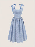 [Plus Size Plaid Cami Dress] Plus Size Plaid Print Cami Dress, Casual Ruched Sleeveless Dress For Spring & Summer, Women's Plus Size Clothing