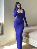 Elegant Long Sleeve Slim Square Neck Maxi Dress - Women's Clothing For Spring & Fall