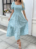 Elegant For Spring & Summer Midi Dress, Floral Print Shirred Bust Square Neck A-line Dress With Puff Sleeve, Women's Clothing