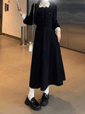 Elegant Black Midi Dress with Button Detail - Long Sleeve, Collared, Non-Stretch Viscose - Perfect for Spring & Fall, Machine Washable, for Autumn, Spring