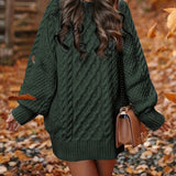 Women's Long Sleeve Cable Knit Dress, Casual Solid Color Crew Neck Loose Fit Knitted Dress for Everyday Wear