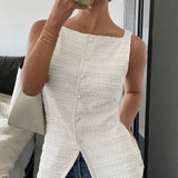 [Sleeveless Textured Cardigan Elegant Shirt] Women's square collar cardigan buttonless sleeveless textured horizontal striped elegant shirt, waist-tightening top, commuting minimalist office old money loose, simple Women's to