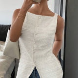 [Sleeveless Textured Cardigan Elegant Shirt] Women's square collar cardigan buttonless sleeveless textured horizontal striped elegant shirt, waist-tightening top, commuting minimalist office old money loose, simple Women's to voguable