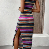 Vintage Square Neck Tank Dress - Striped Pattern Sleeveless Split Slim Dress for Spring & Summer Women's Clothing