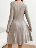 Elegant Black V-Neck Knit Dress - Chic Long Sleeve A-Line Mini with Ruffle Detail, Polyester & Elastane Blend, Machine Washable - Perfect for Fall