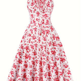 Summer 100% Polyester Vintage Floral Dress for Women - Spaghetti Strap A-Line Pendulum Style with Faux Drawstring Detail, Ideal for Parties and Casual Wear
