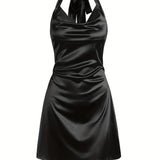 Sexy Satin Cowl Neck Halter Dress - Backless Mini Dress for Evening Party - Women's Clothing