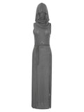 Split Hem Tie Waist Dress, Y2K Back Cut Out Sleeveless Ruched Hooded Dress For Spring & Summer, Women's Clothing For Party Dressing