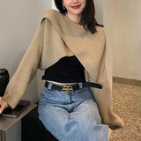 Women Crisscross Sweater Crop Pullover Relaxe-fit Cross Front Knit Wrap Jumper Knitwear Teen-girl Fall Winter Elegant Outfit