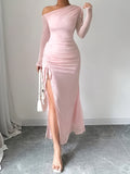 Elegant Asymmetrical Neck 1pc Long Sleeve Dress - Fitted Polyester Knit Fabric, Side Slit, All Seasons for Adults