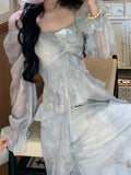 [Misty Dress] Misty Blue-Gray Dress | Long Sleeves, Ruffled Hem, Butterfly Design And Golden Accents - Perfect for Early Autumn