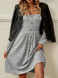Elegant Square Neck A-Line Long Sleeve Dress - Women's Slim Fit Dresses for Spring & Fall - Chic, Comfortable, and Versatile Clothing for Ladies