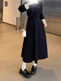 Elegant Black Midi Dress with Button Detail - Long Sleeve, Collared, Non-Stretch Viscose - Perfect for Spring & Fall, Machine Washable, for Autumn, Spring