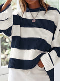 Long Sleeve Acrylic Pullover Sweater - Women's Casual Rib-Knit Crew Neck, Drop Shoulder, Loose Fit, Solid Color, All Season Knit Fabric Top