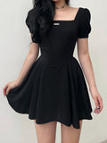 Black Puff Sleeve A-Line Pleated Dress