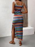 Vintage Square Neck Tank Dress - Striped Pattern Sleeveless Split Slim Dress for Spring & Summer Women's Clothing