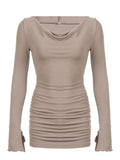 Khaki Hooded Bodycon Folds Long Sleeve Dress
