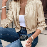 Everyday Comfort, Elegant Women's Pink Metallic Bomber Jacket - Long Sleeve, Zip-Up with Baseball Collar, Polyester Blend, Machine Washable for Spring & Fall Fashion, Spring Jacket|Glossy Finish Jacket|Polyester Blend Jacket