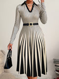 1pc Women'S Elegant Striped Collar Long Sleeve Midi Dress, Polyester Knit Fabric, Regular Fit, Autumn Season, Casual Chic for Daily Wear