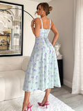 Vintage Floral Print Square Neck Sleeveless Midi Dress with Adjustable Thin Straps & Front Zipper, Light Purple Floral Design, Backless Detail - Perfect for Spring/Summer/Fall, Casual Summer Dress | Vintage Floral Dress | Ruf